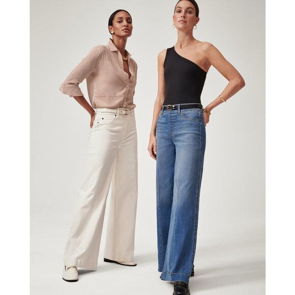 Spanx Seamed Front Wide Leg Jeans Size Large Ecru - Picture 5 of 16